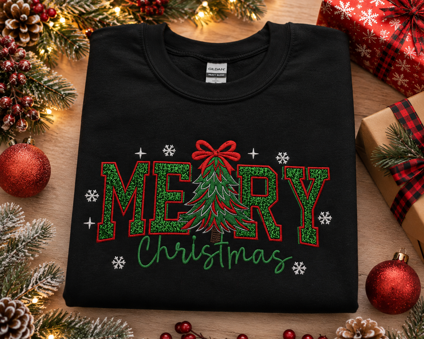 Glitter Merry Christmas Tree Embroidered Sweatshirt