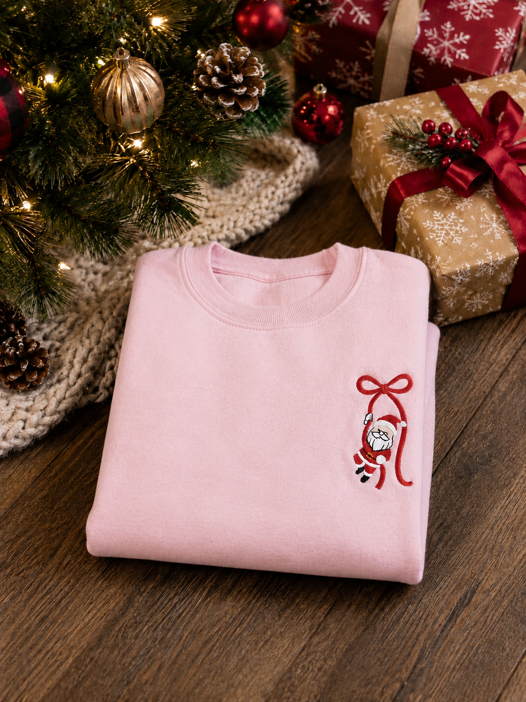 Embroidered Santa Bow Christmas Sweatshirt