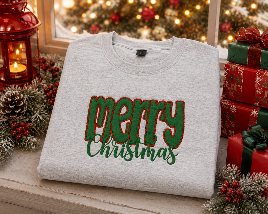 Merry Christmas Green Fabric Applique Embroidered Sweatshirt