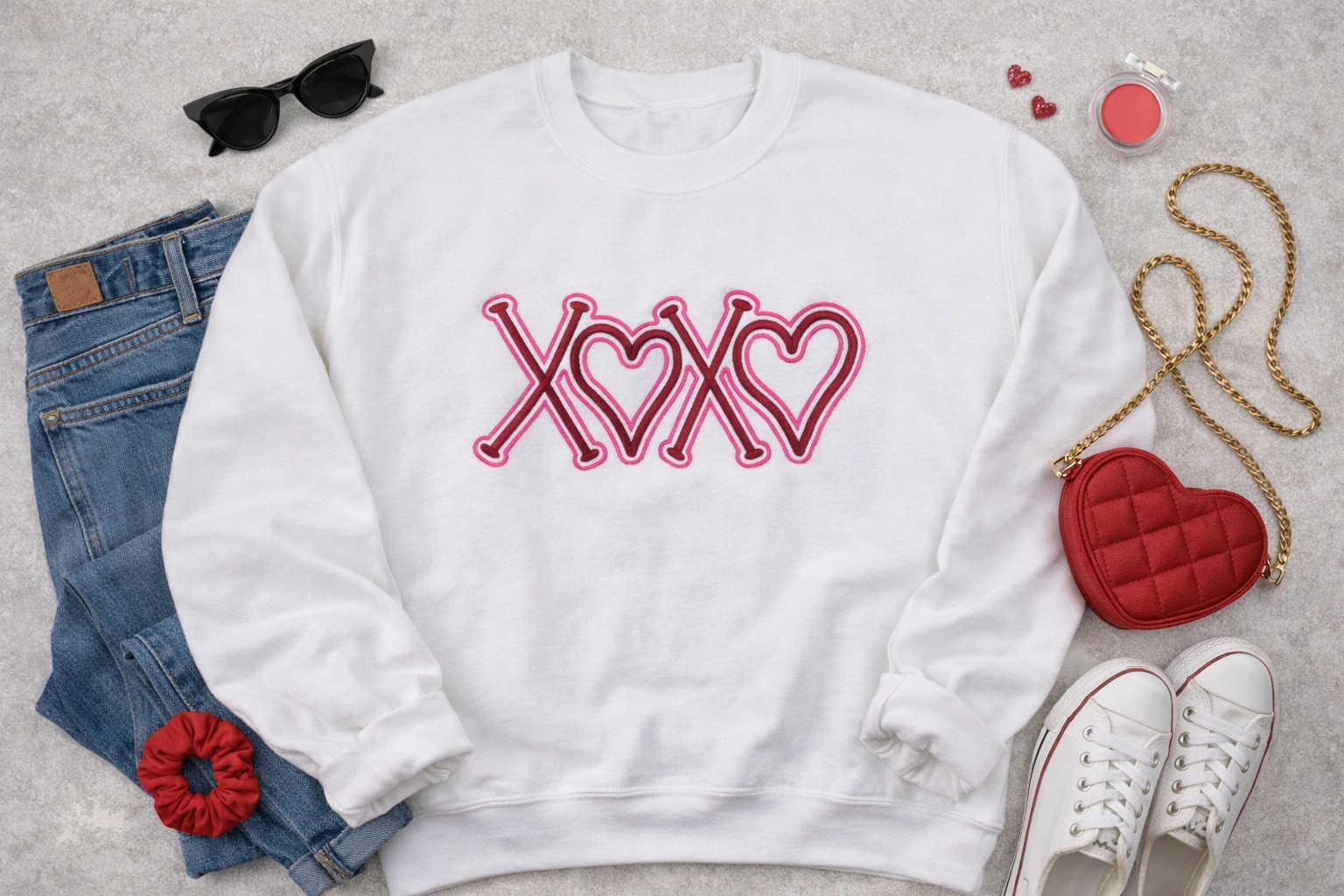 XOXO Heart Embroidered Applique Sweatshirt - Puff Embroidery Valentine