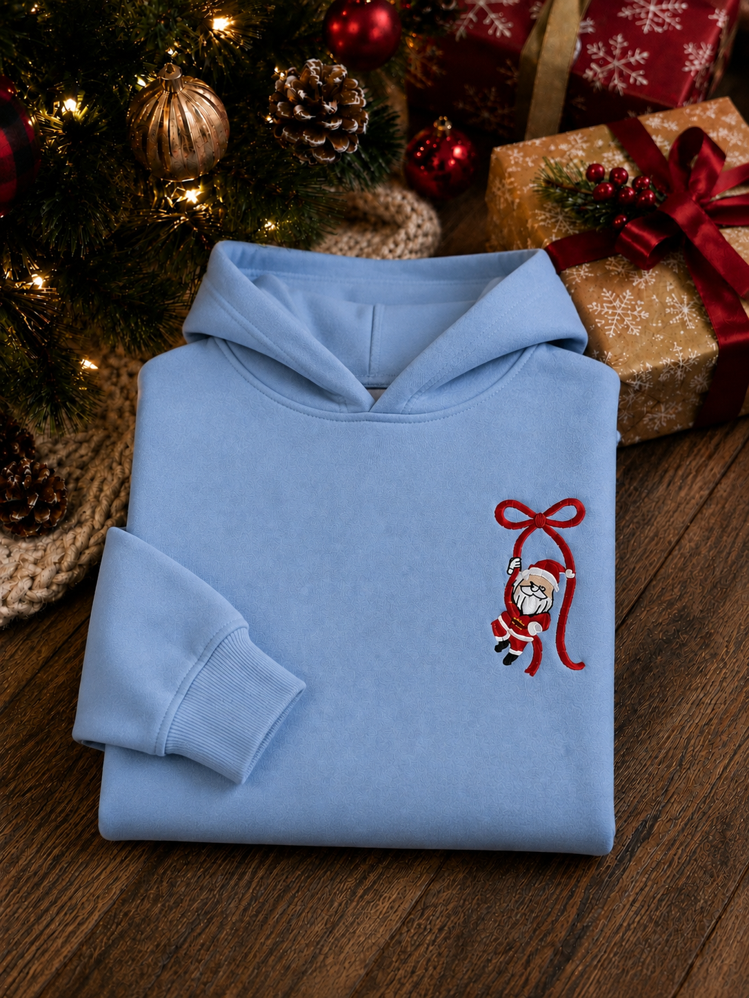 Embroidered Santa Bow Christmas Hoodie