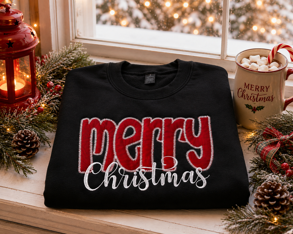 Merry Christmas Fabric Applique Embroidered Sweatshirt