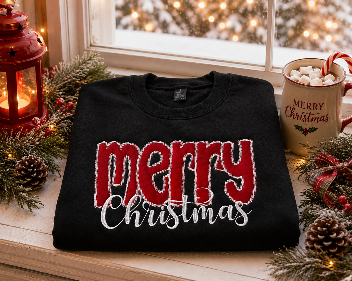 Merry Christmas Fabric Applique Embroidered Sweatshirt