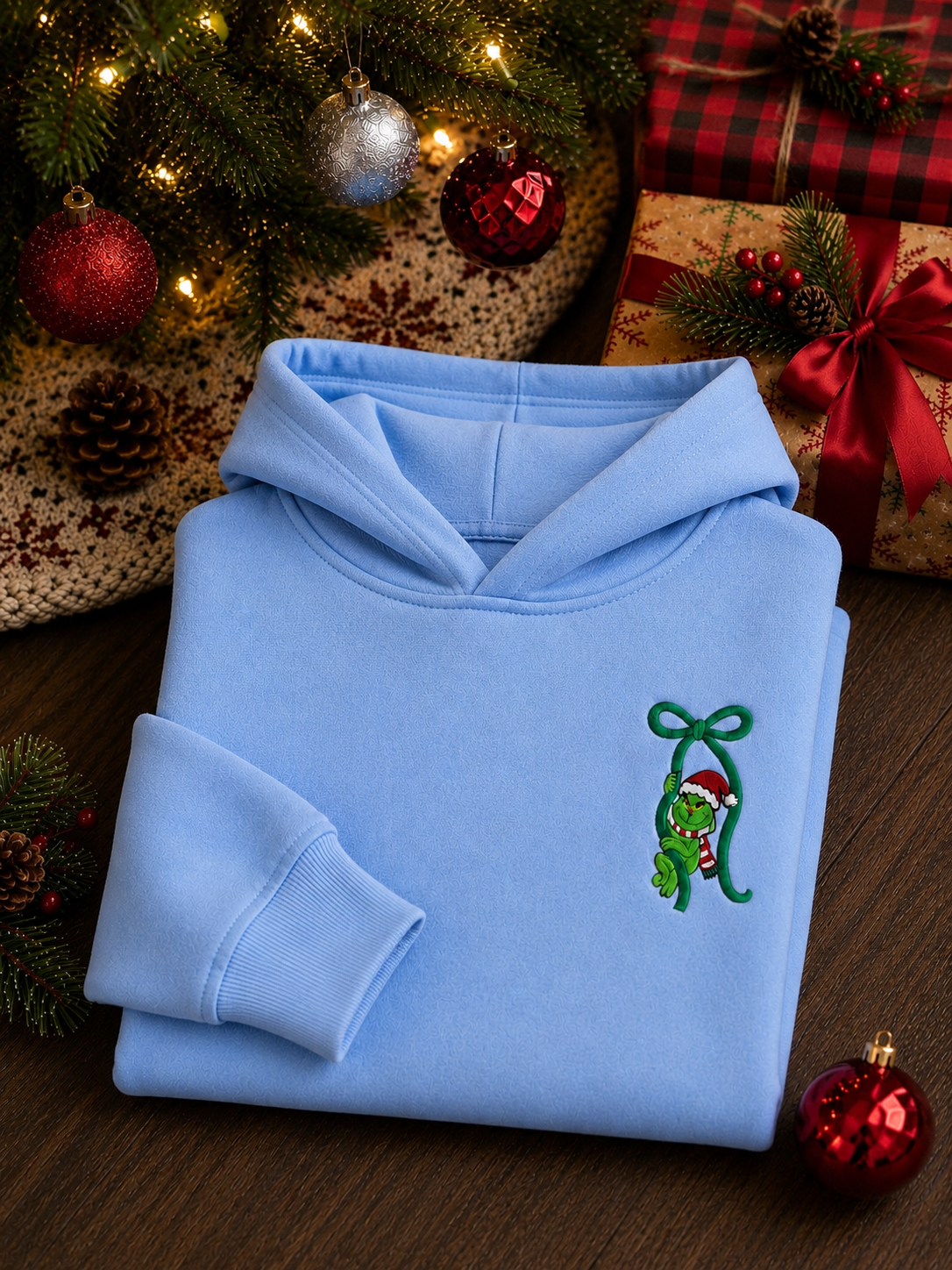 Embroidered Grinch Bow Christmas Hoodie