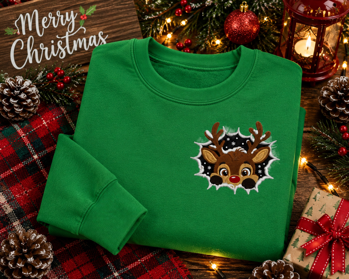 Peek-a-Boo Reindeer Embroidered Christmas Sweatshirt