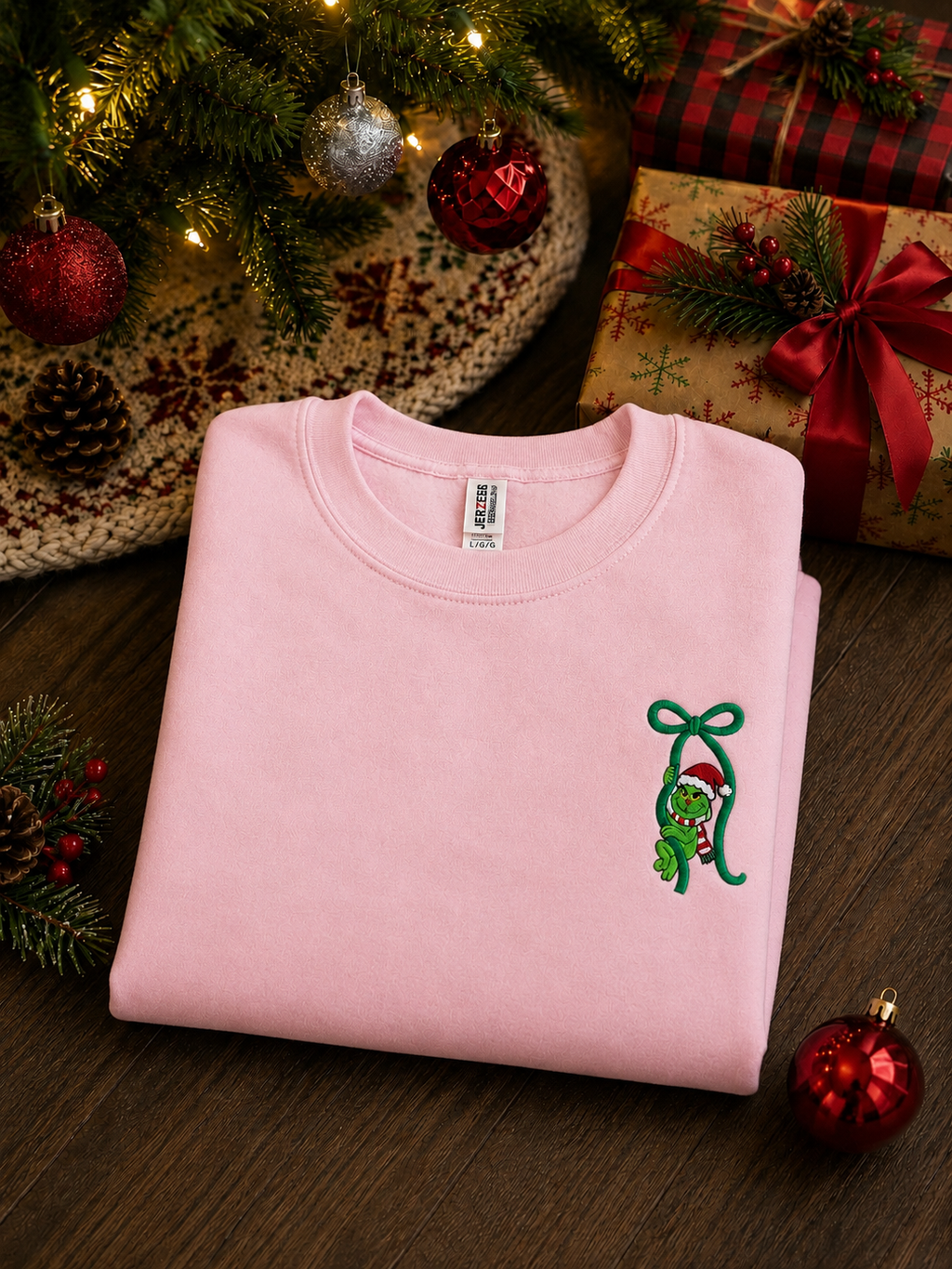 Embroidered Grinch Bow Christmas Sweatshirt