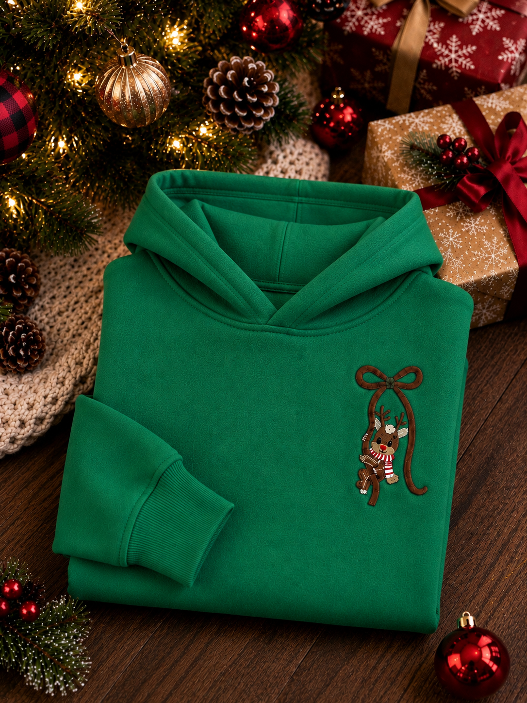 Embroidered Reindeer Bow Christmas Hoodie