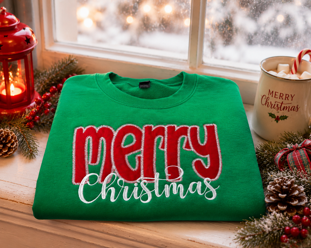 Merry Christmas Fabric Applique Embroidered Sweatshirt