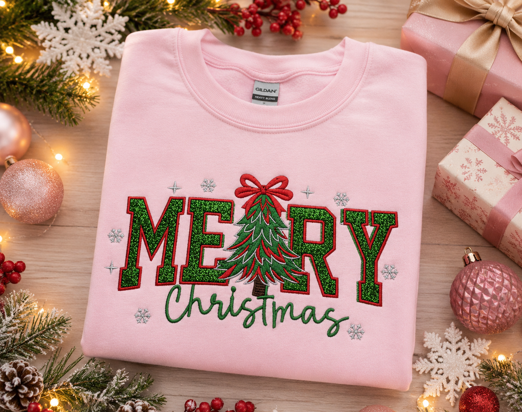 Glitter Merry Christmas Tree Embroidered Sweatshirt