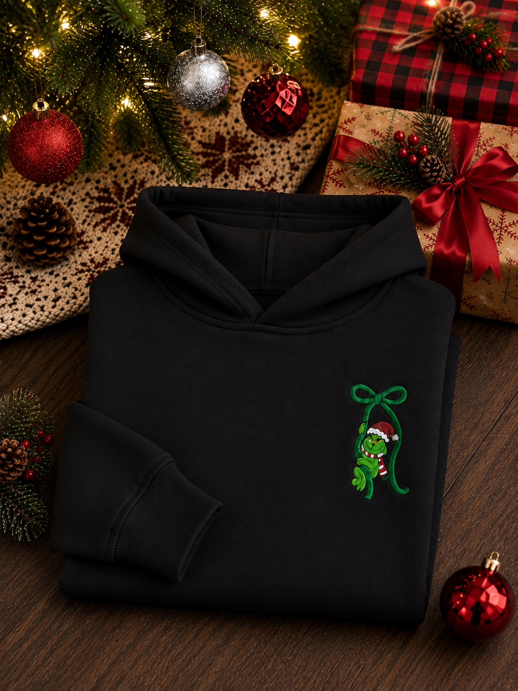 Embroidered Grinch Bow Christmas Hoodie