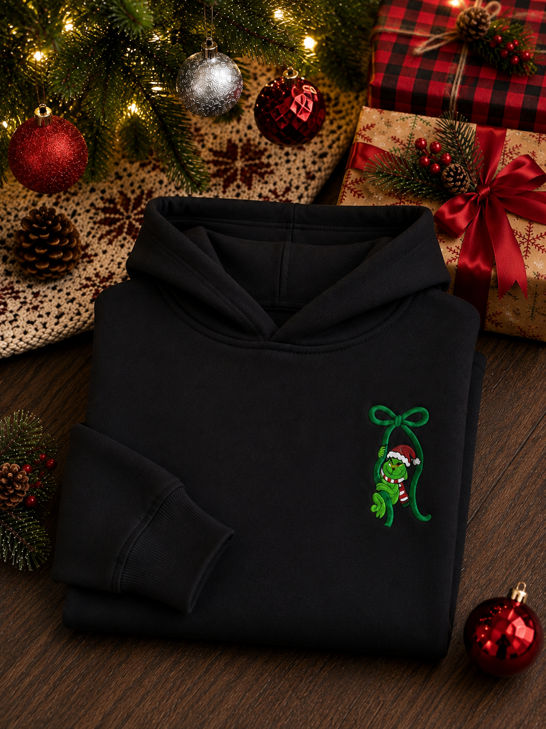 Embroidered Grinch Bow Christmas Hoodie