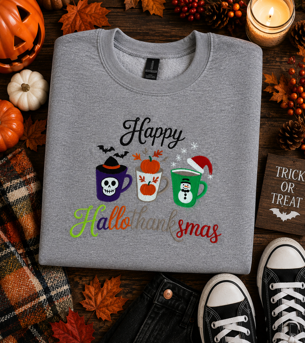 Happy Hallothanksmas Embroidered Sweatshirt 3-in-1 Holiday