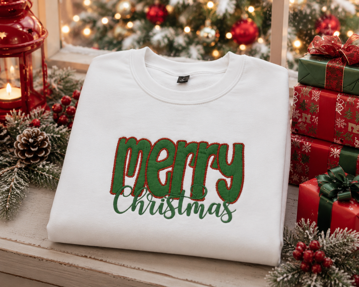 Merry Christmas Green Fabric Applique Embroidered Sweatshirt