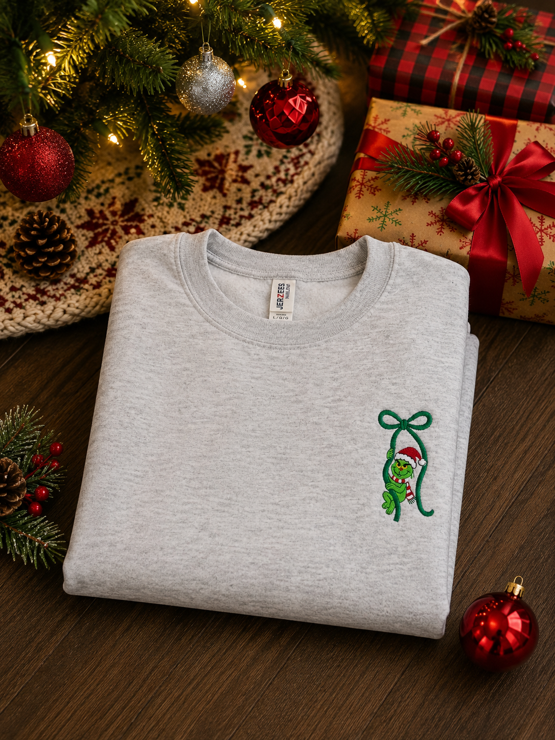 Embroidered Grinch Bow Christmas Sweatshirt