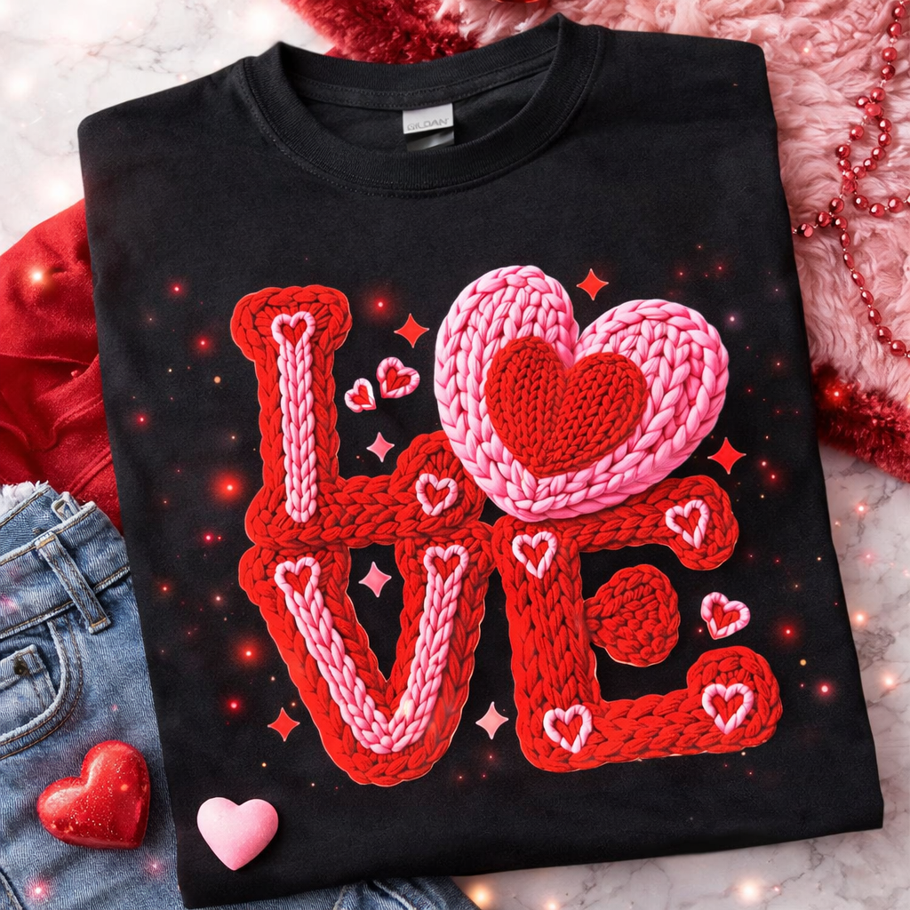 Love Faux Yarn DTF Valentine Sweatshirt-Cozy Knitted Look Crewneck