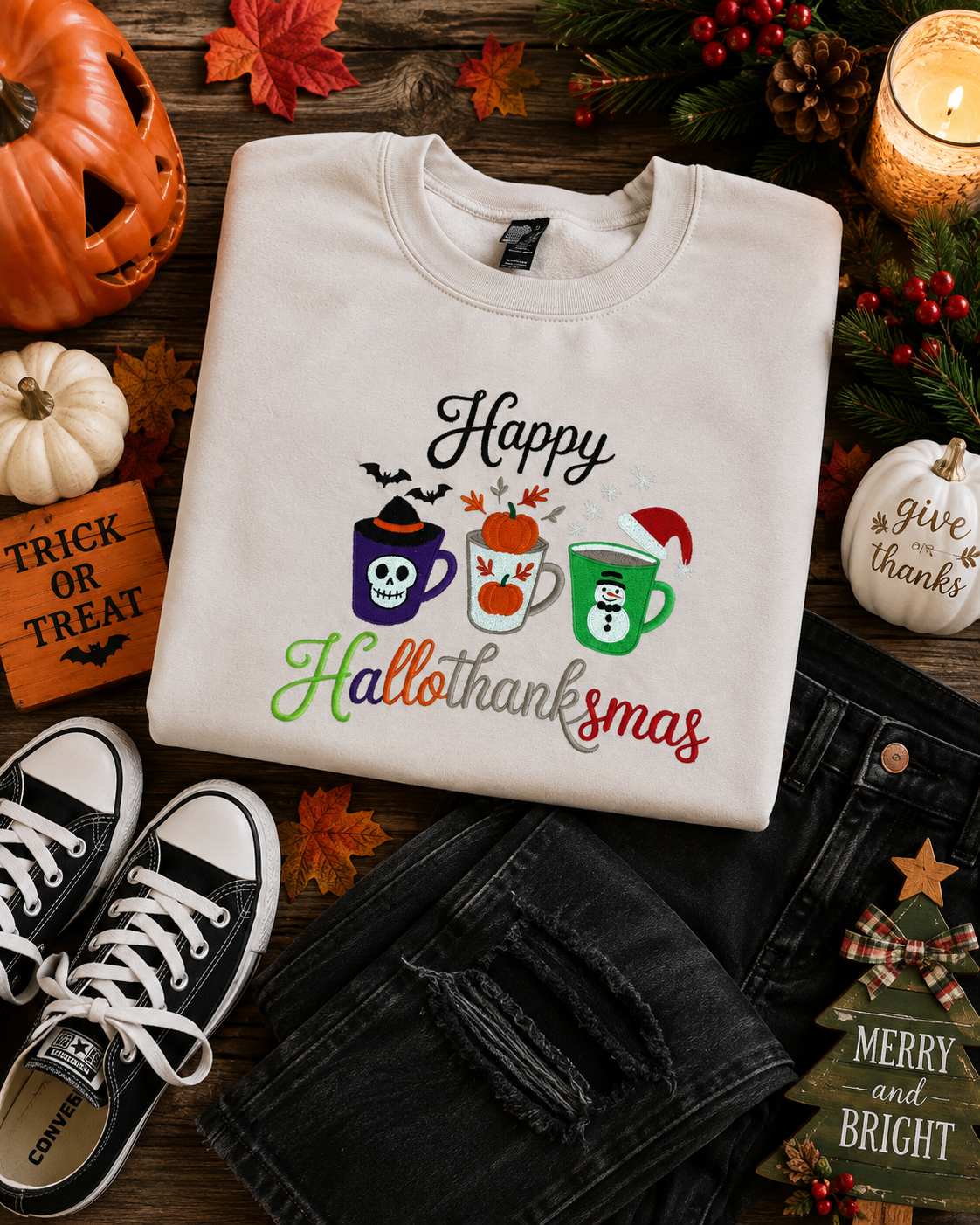 Happy Hallothanksmas Embroidered Sweatshirt 3-in-1 Holiday