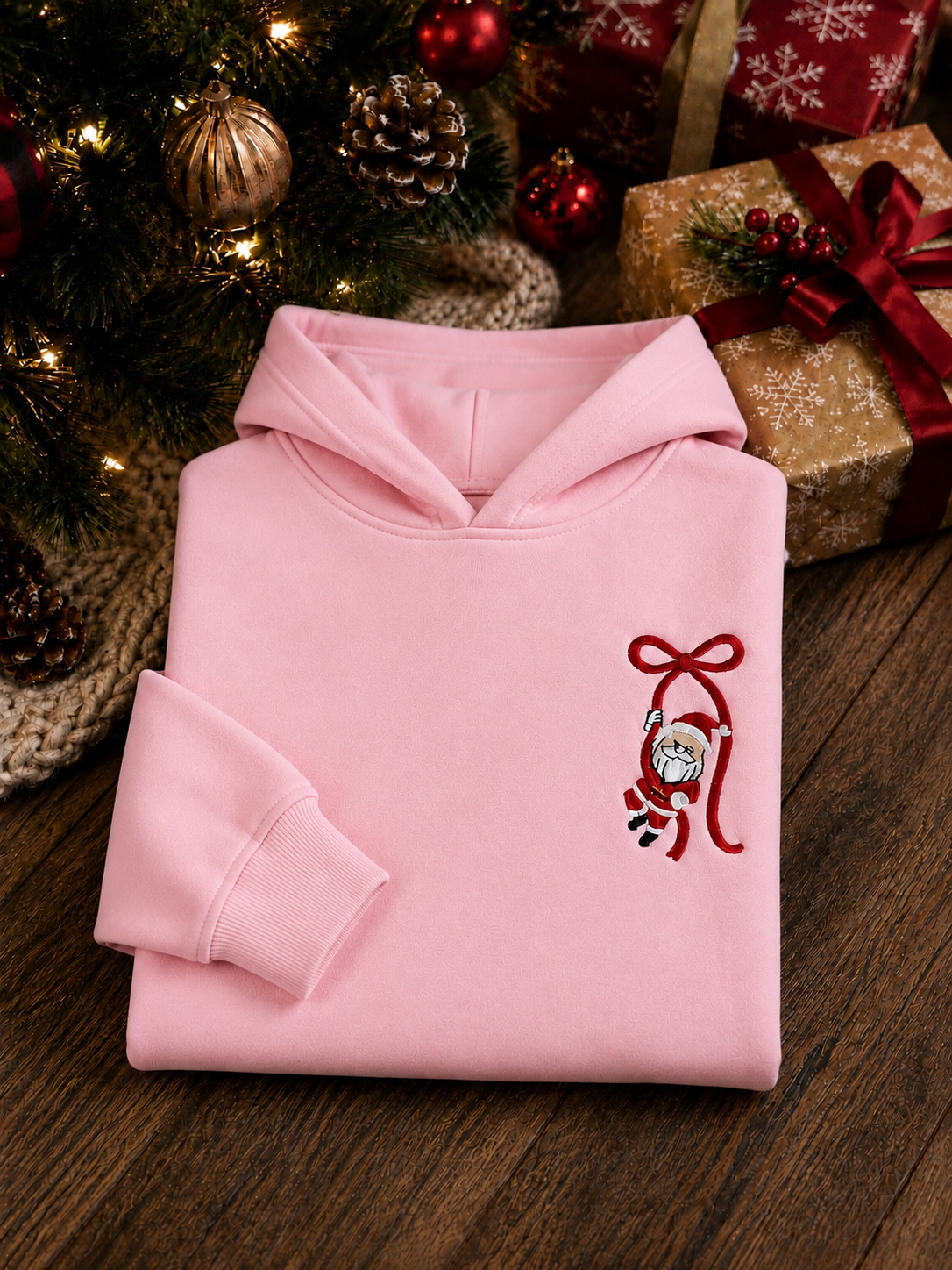 Embroidered Santa Bow Christmas Hoodie