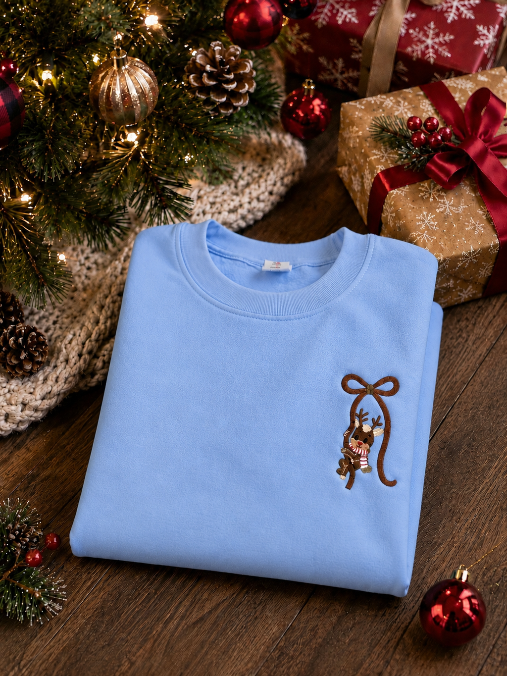 Embroidered Reindeer Bow Christmas Sweatshirt