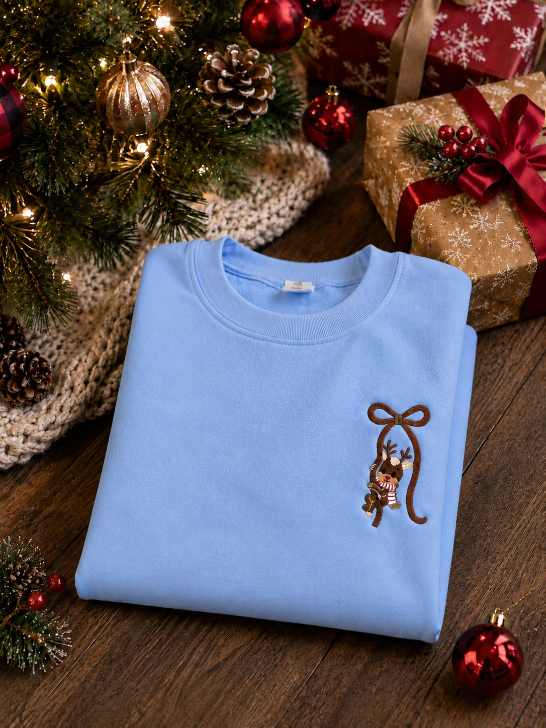 Embroidered Reindeer Bow Christmas Sweatshirt
