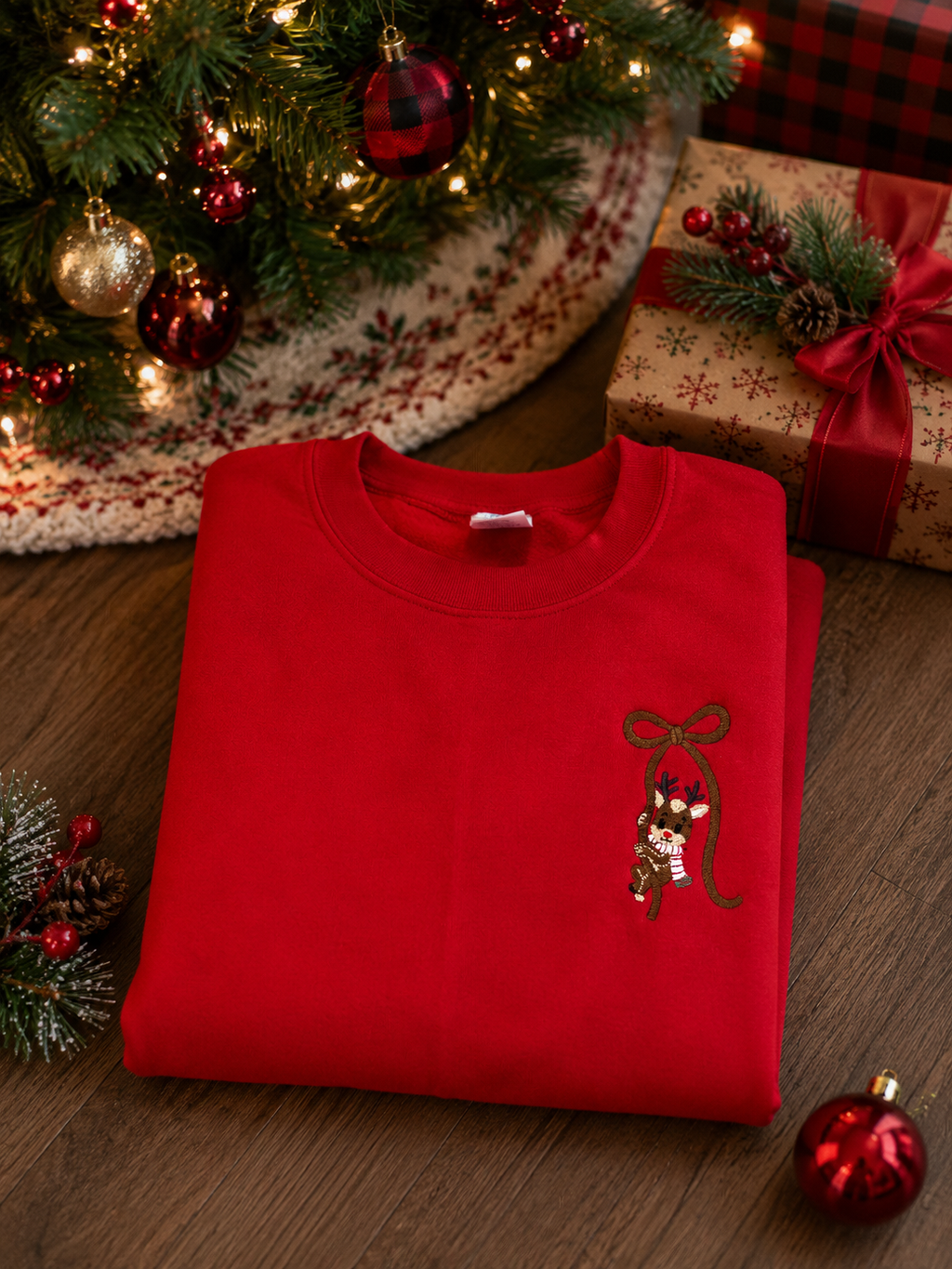 Embroidered Reindeer Bow Christmas Sweatshirt