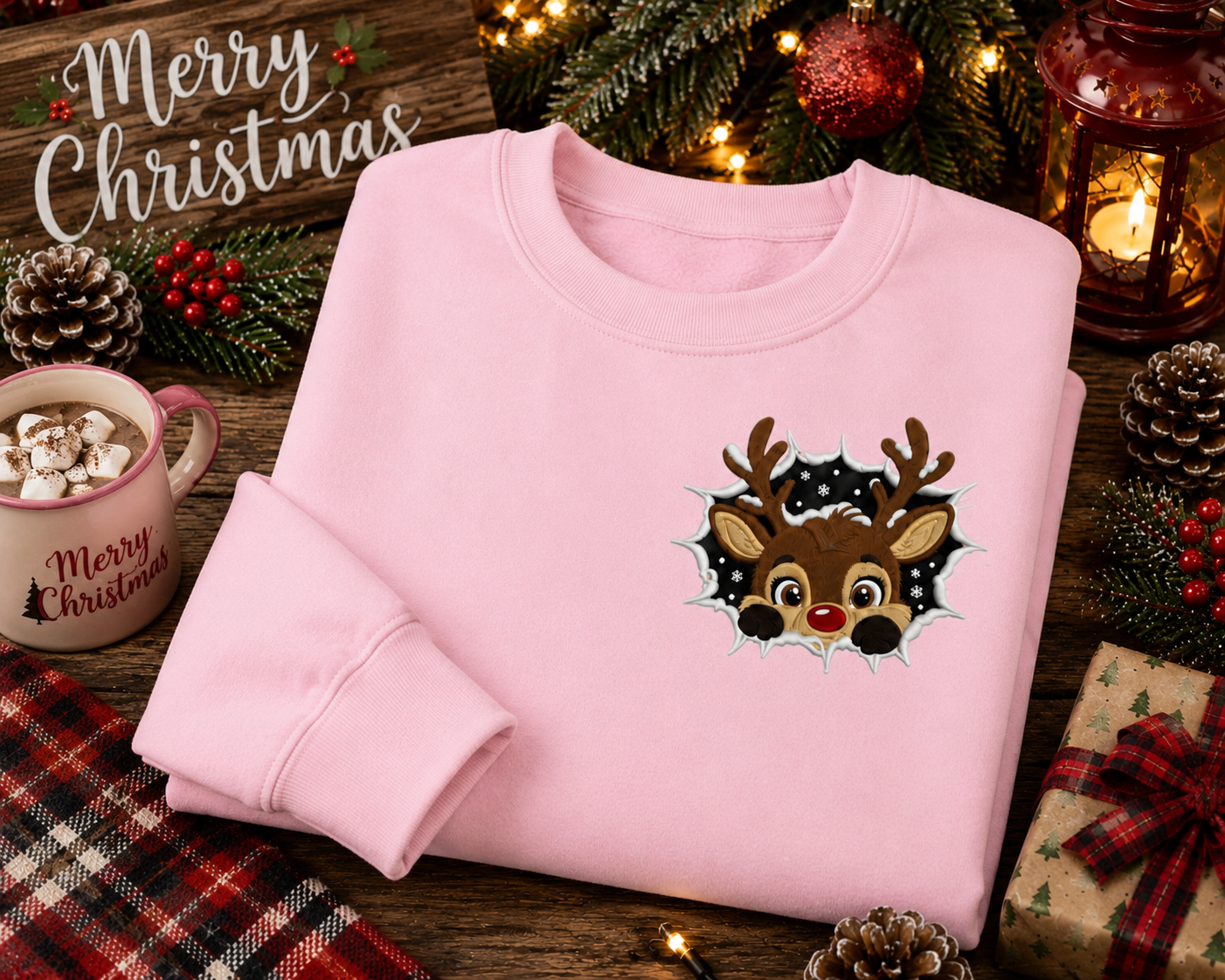 Peek-a-Boo Reindeer Embroidered Christmas Sweatshirt