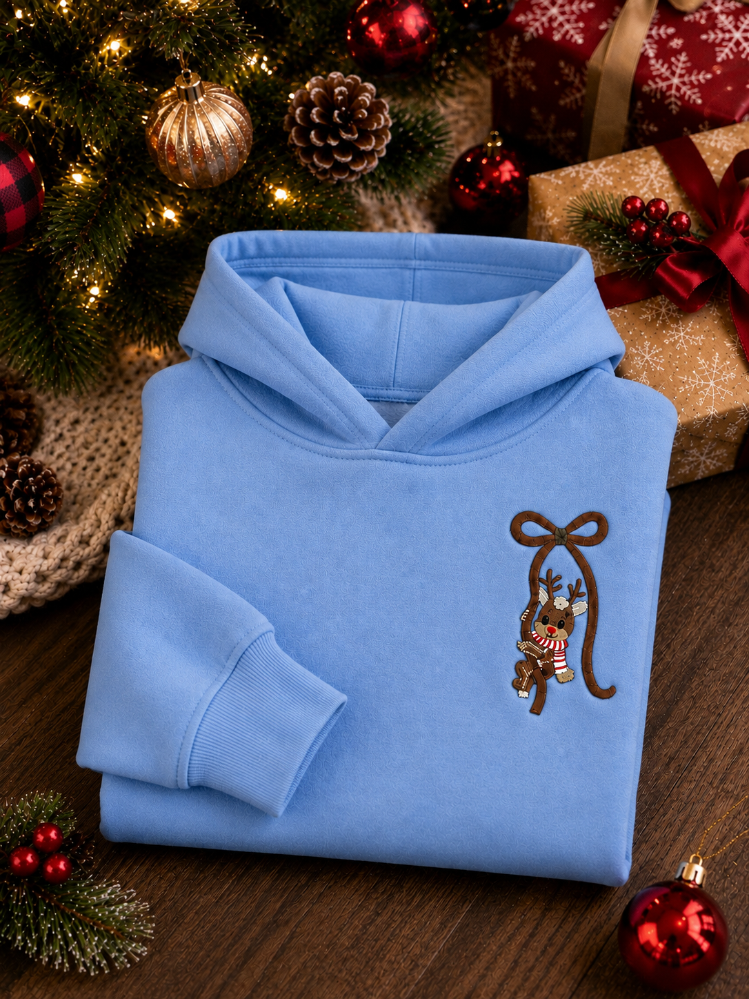 Embroidered Reindeer Bow Christmas Hoodie