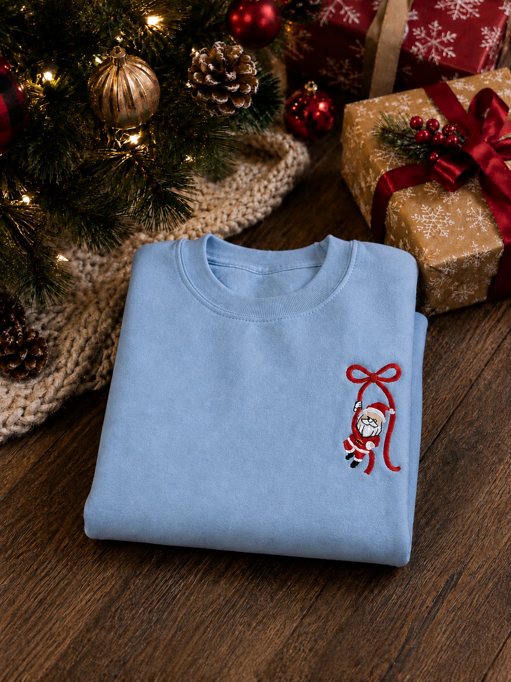 Embroidered Santa Bow Christmas Sweatshirt