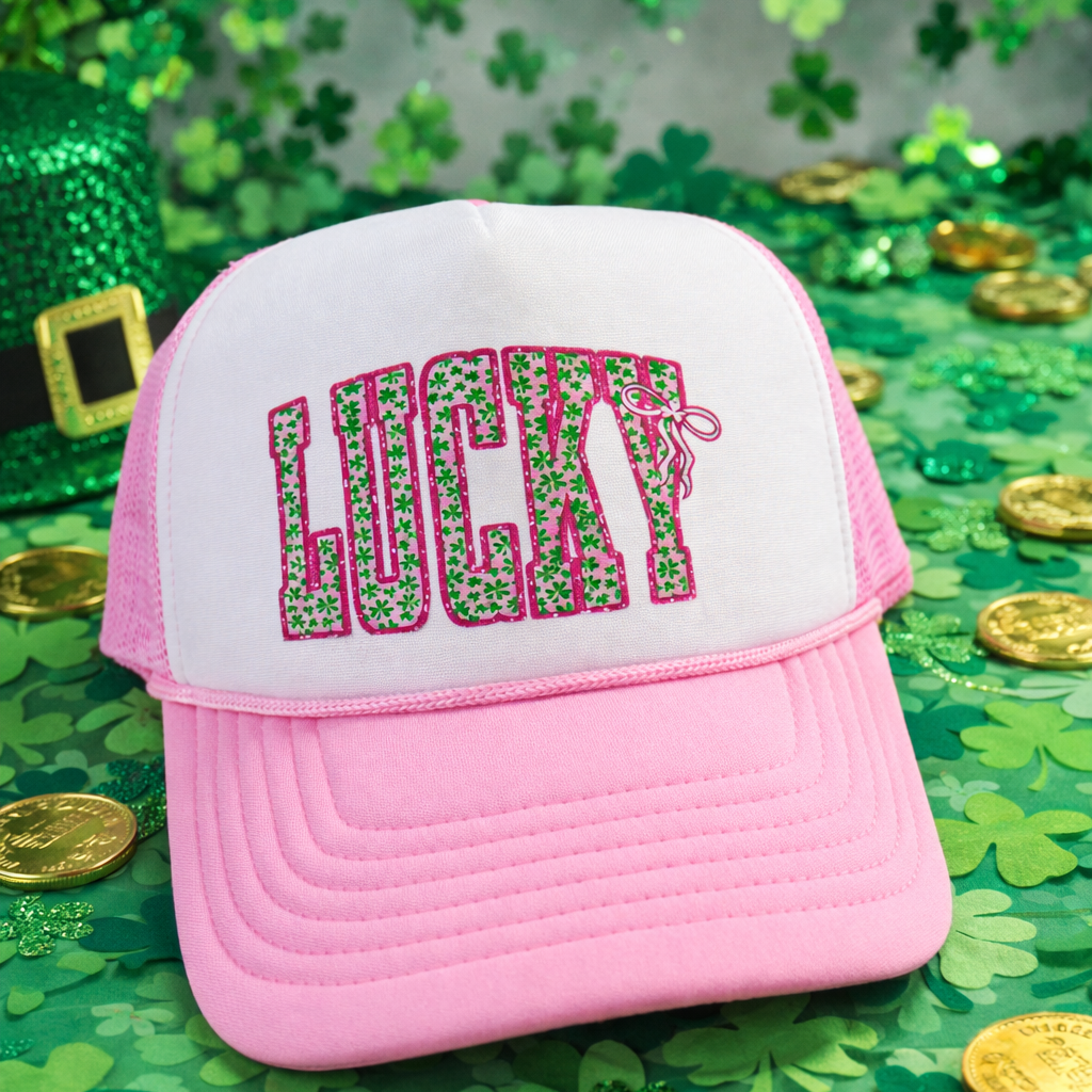 Lucky Pink Foam Trucker Hat-St Patty's Day DTF Print