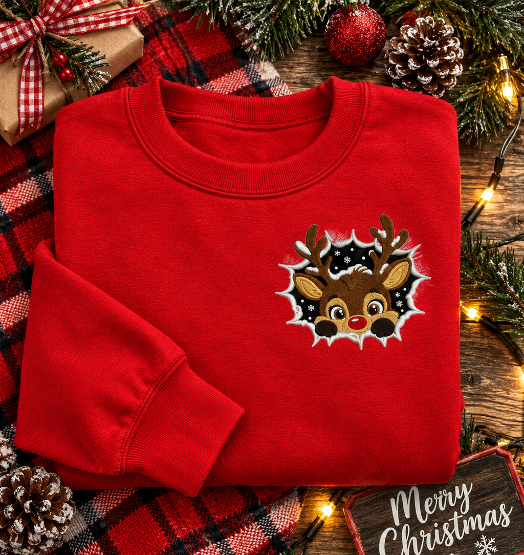 Peek-a-Boo Reindeer Embroidered Christmas Sweatshirt