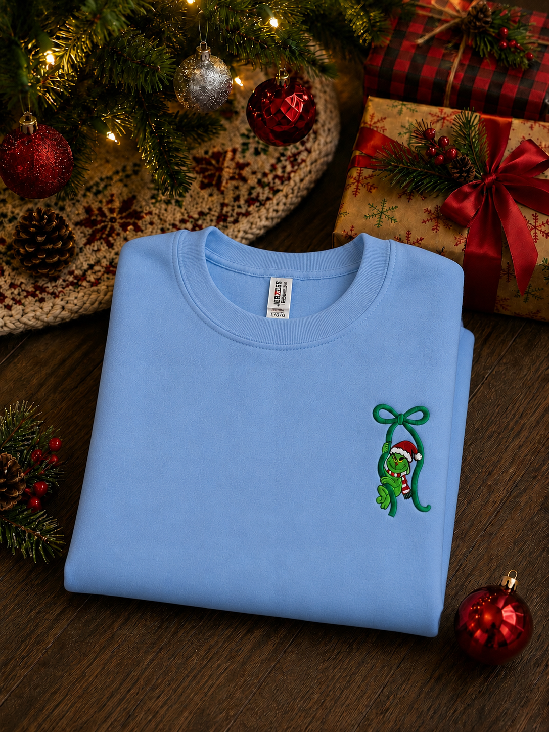 Embroidered Grinch Bow Christmas Sweatshirt