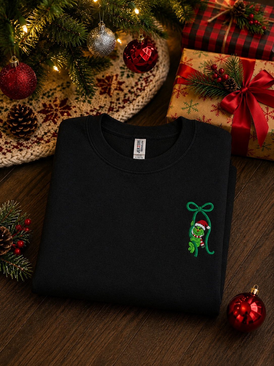 Embroidered Grinch Bow Christmas Sweatshirt