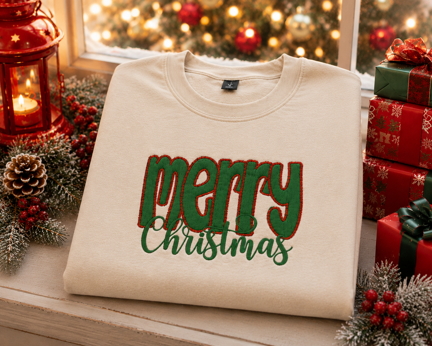Merry Christmas Green Fabric Applique Embroidered Sweatshirt