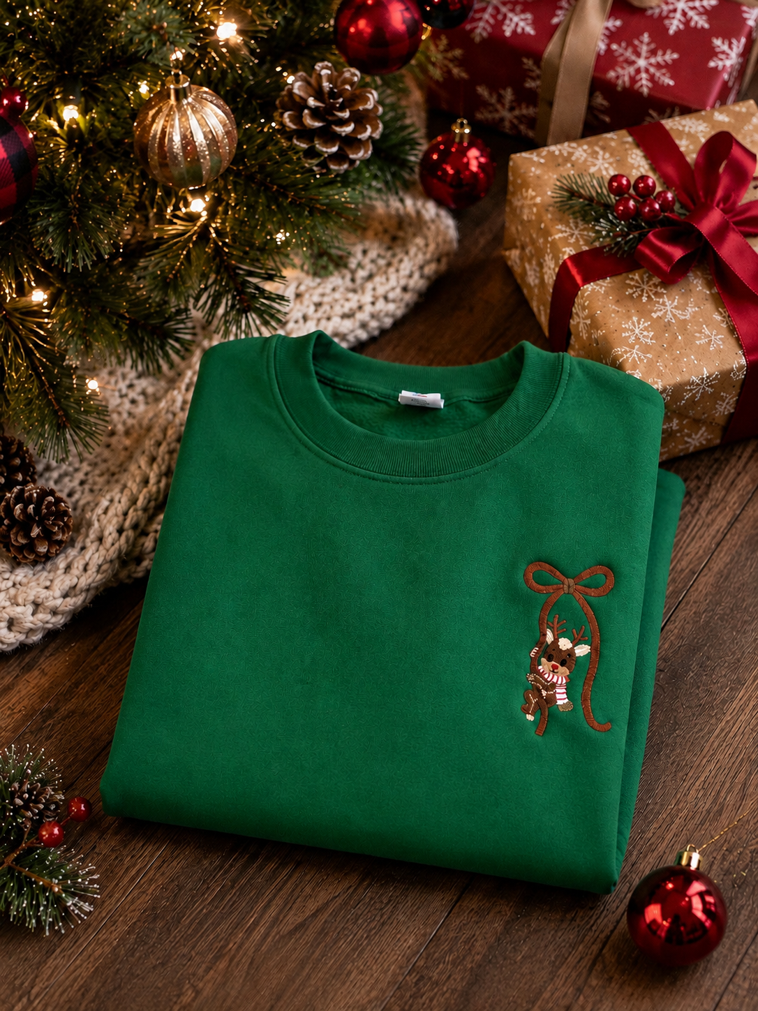 Embroidered Reindeer Bow Christmas Sweatshirt