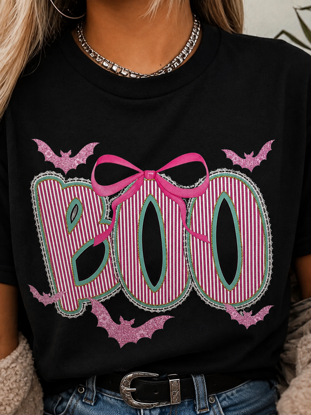 BOO Bow & Bats Halloween Tee
