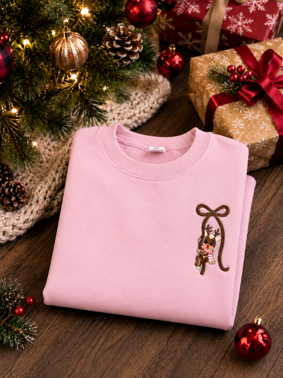 Embroidered Reindeer Bow Christmas Sweatshirt