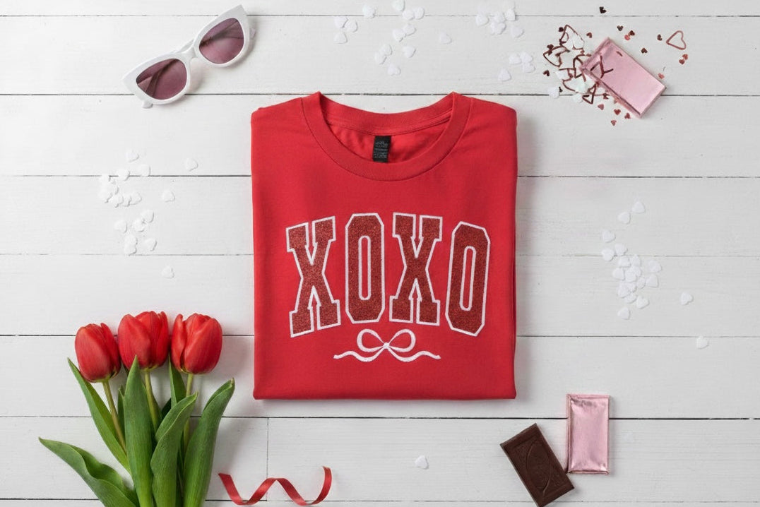 XOXO Embroidered Valentine's Day Red Glitter Sweatshirt