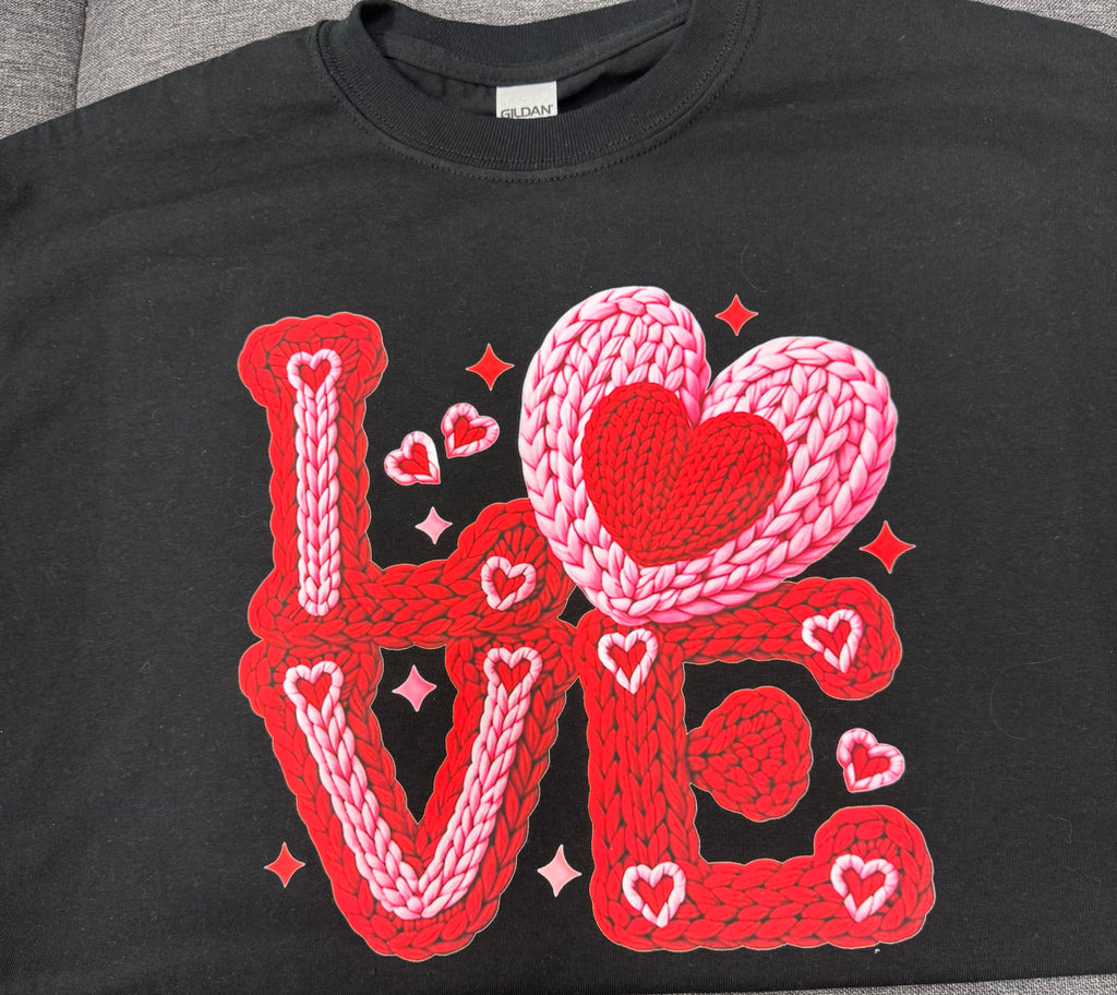 Love Faux Yarn DTF Valentine Sweatshirt-Cozy Knitted Look Crewneck